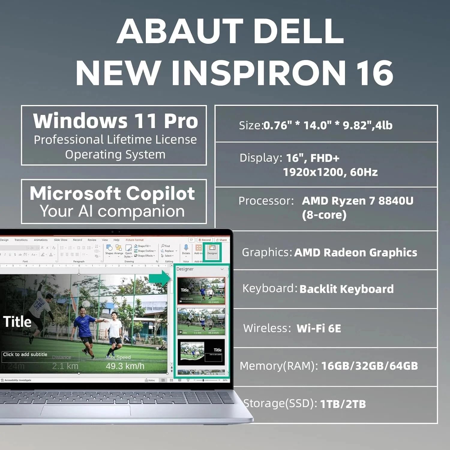Dell Inspiron 16 Business Laptop - Windows 11 Pro, 16' FHD+ IPS Anti-Glare Display, AMD Ryzen 7 8840U, Backlit Keyboard, Copilot+ PC for Office Work and Study, w/Accessories | 32GB DDR5 RAM + 1TB SSD