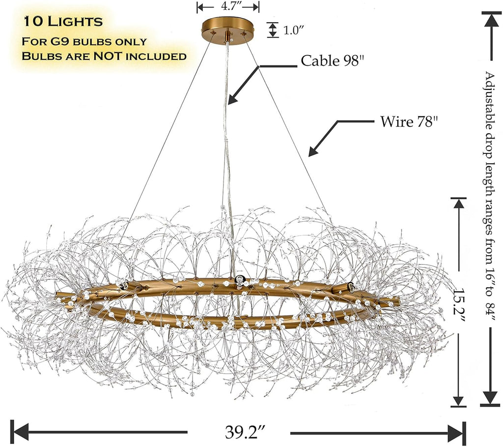 Gold Crystal Chandeliers Round,39' Modern Crystal Dining Room Chandeliers Light Fixtures,Large Firework Chandelier Lighting for Master Bedroom Living Room,Pendant Light for Entryway,Kitchen