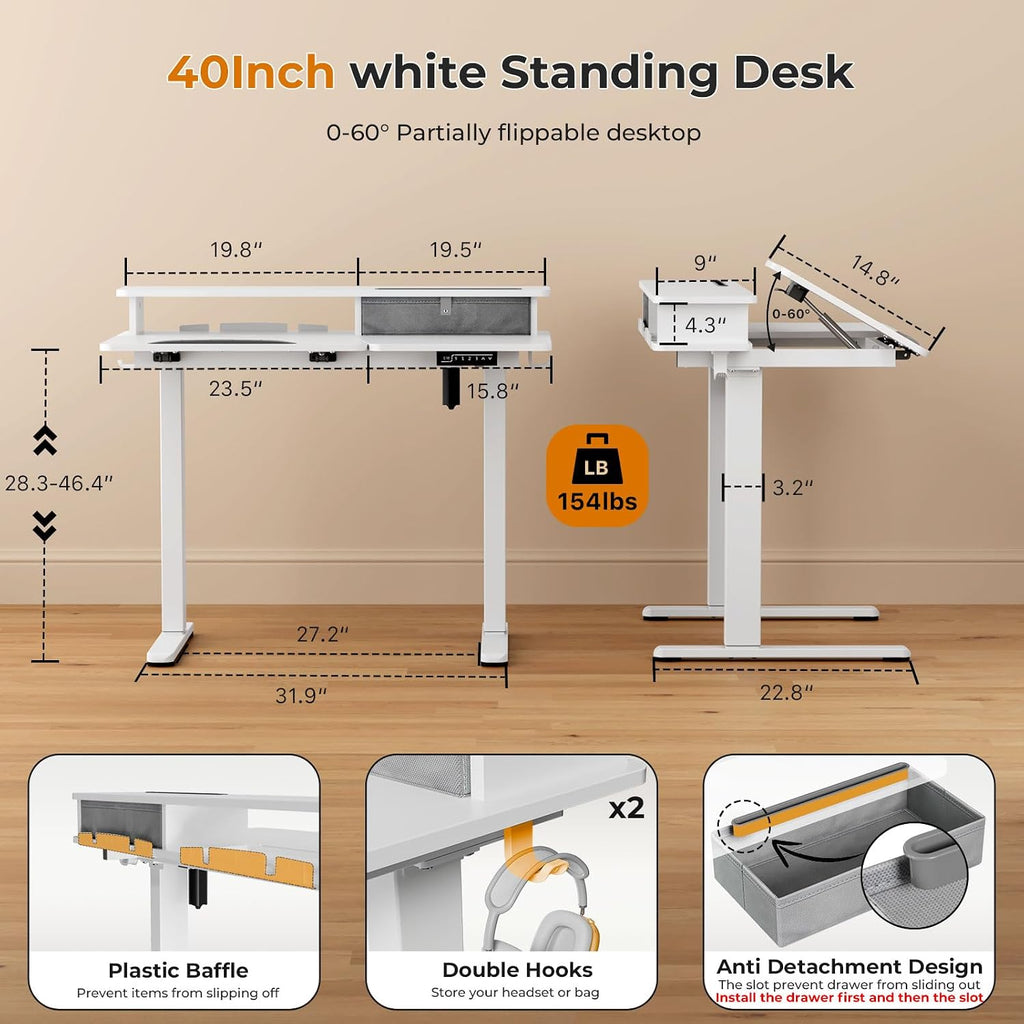 White Standing Desk，60° Tiltable Height Adjustable Electric Rising Desk，40Inch Foldable Mobile Laptop Table with Shelf,Monitor Stand, Drawer ,Flippable Drafting Workstation on Wheels for Kids' Drawing