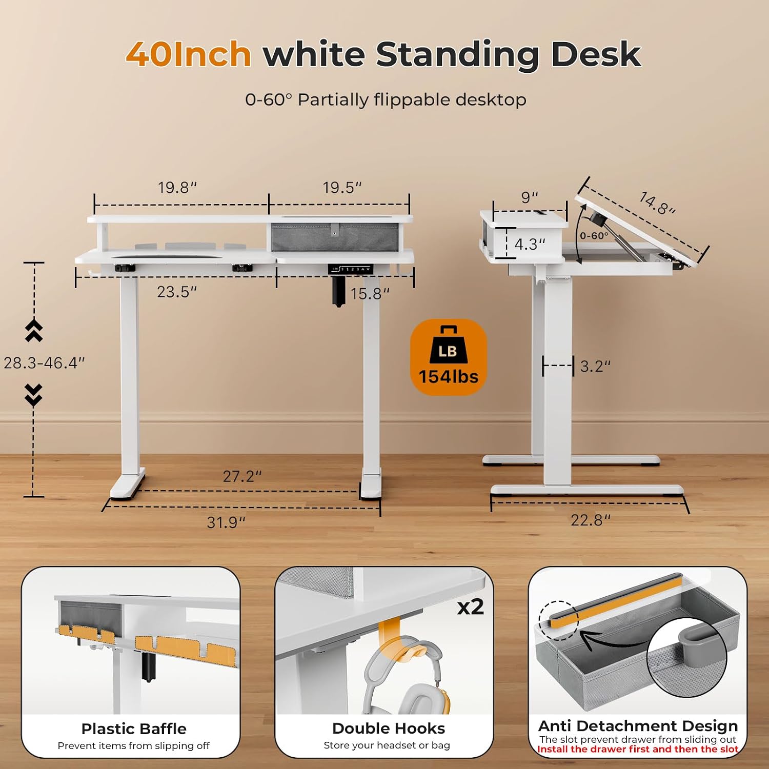 White Standing Desk，60° Tiltable Height Adjustable Electric Rising Desk，40Inch Foldable Mobile Laptop Table with Shelf,Monitor Stand, Drawer ,Flippable Drafting Workstation on Wheels for Kids' Drawing