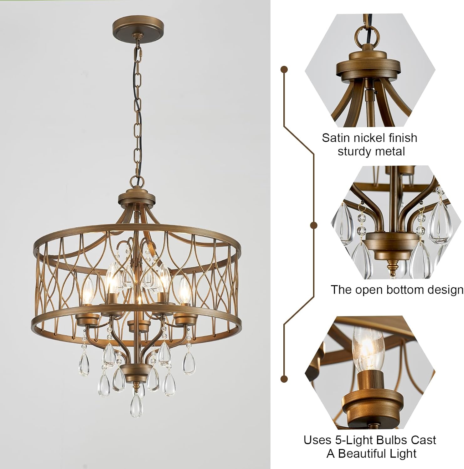 Modern Crystal Chandelier, 5-Light Farmhouse Bronze Chandelier for Dining Room Vintage Hanging Pendant Light Fixtures Round Chandelier for Kitchen Island Entryway Foyer Bedroom Office Bar