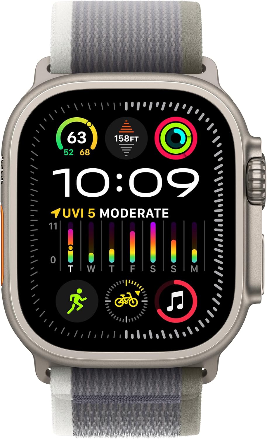 Apple Watch Ultra 2 [GPS + Cellular 49mm] Smartwatch with Rugged Titanium Case & Green/Grey Trail Loop S/M (Renewed)