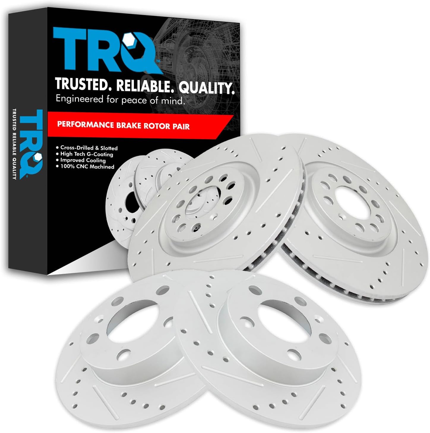 TRQ Performance Front and Rear Brake Rotor Set G Coated Drilled and Slotted Compatible with 2000-2006 Audi TT TT Quattro 2003 Volkswagen Golf 2004-2005 Jetta