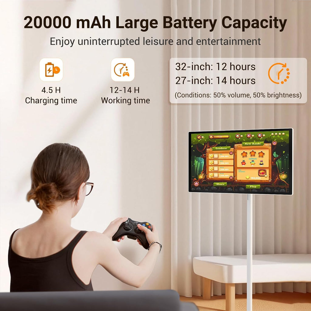 27' Rolling TV, EDLA-Certified Portable TV, Android 13, 8 GB +128 GB, Built-in 20,000 mAh Battery, 14H Playtime, Wireless Casting,10-Point Touch Screen Monitor for Home, Office, Gym