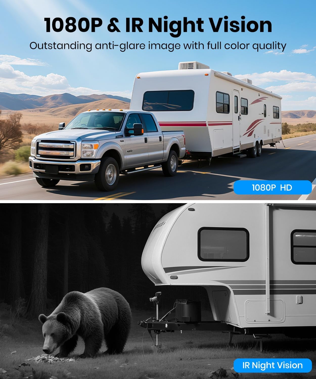 AUTO-VOX 2 Solar Wireless Backup Camera System: 7.2' 1080P HD Monitor, 3-Min Quick Installation for Wider Rear & Trailer View, IP69K Waterproof Back Up Camera for Truck, RV, Camper, Horse/Boat Trailer