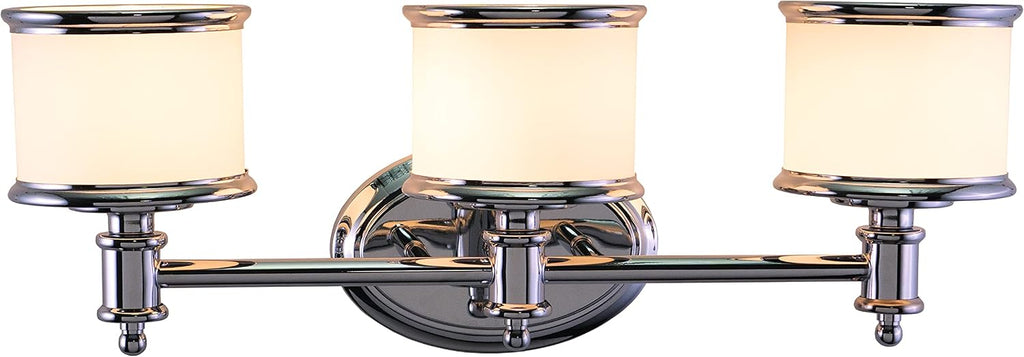 VAXCEL Carlisle 3-Light 22.25 inch Wide Chrome Transitional Bathroom Vanity Lighting Fixture, White Frosted Opal Glass Shade, Dimmable, LED Compatible, Reversible Over The Mirror Mounted Wall Sconce