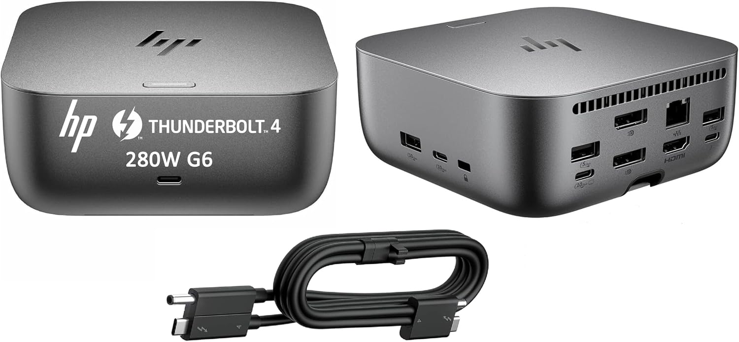 HP Thunderbolt 4 Ultra 280W G6 Dock, 13-in-1 USB-C Docking Station with Max 280W Charging, 4X 4K Displays, 3-Yr Warranty, 7 USB Ports, RJ45, HDMI, 2X DisplayPort for Laptop, Windows, MacOS, ChromeOS