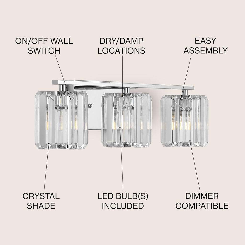 JONATHAN Y 4.75' Chrome 3-Light Vintage Glam LED Vanity Light Wall Sconce Fixture with Clear Crystal Prism Shade, Hardwired Wall Lamp for Bathroom Mirror Hallway, LED Bulb Included (JYL3554A)