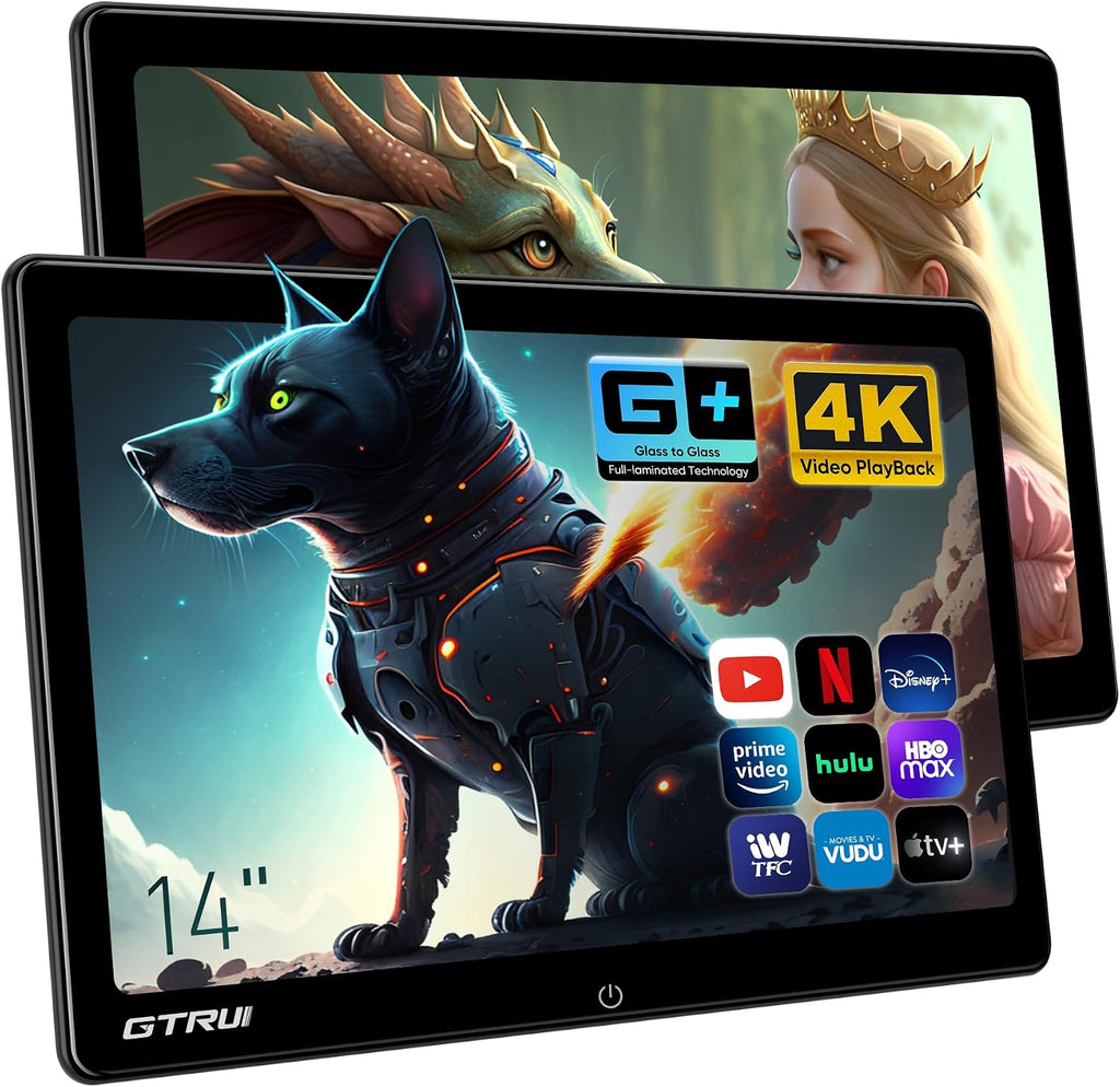 14 Inch 4K Video Android Portable Car TV Headrest Monitor Tablet for Back Seat with WiFi Bluetooth, Glass to Glass IPS Touch Screen Media Player, Support Phone Control & Mirror Link (2Pcs 4+64G)
