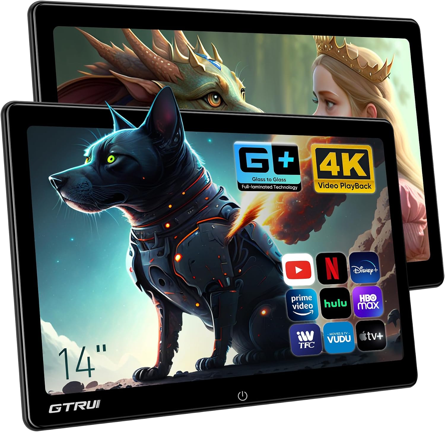 14 Inch 4K Video Android Portable Car TV Headrest Monitor Tablet for Back Seat with WiFi Bluetooth, Glass to Glass IPS Touch Screen Media Player, Support Phone Control & Mirror Link (2Pcs 4+64G)