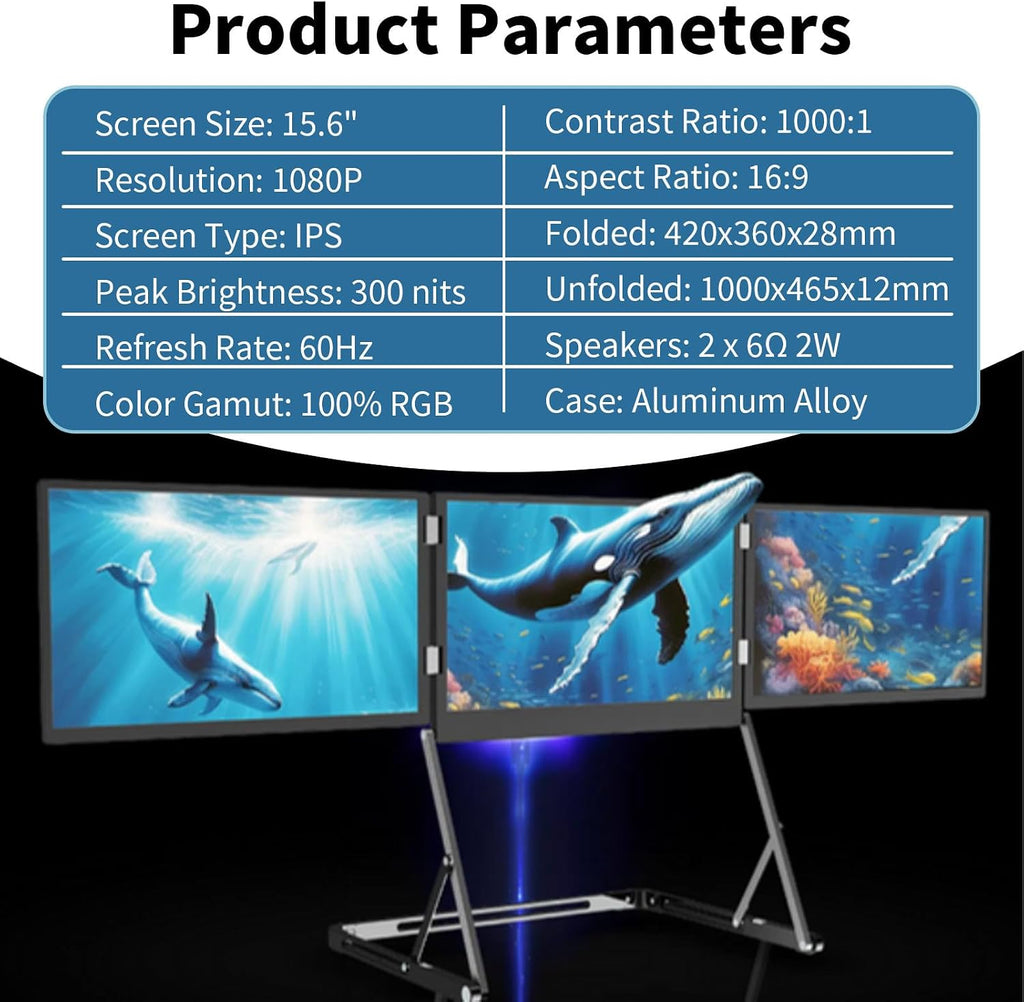 15.6'Laptop Screen Extender, 1080p Fhd Portable Tri-Fold Monitor, Type-C/HDMI/USB-C Triple Monitor, with 360° Rotation Acjustable Viewing Angles, Compatible with Windows/Mac