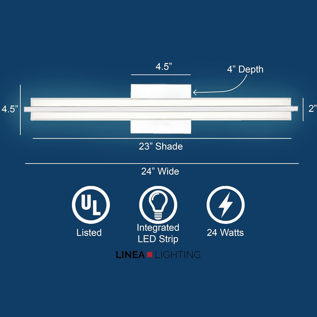 Linea di Liara Dario 24 Inch LED Vanity Light Bar Bathroom Lights Over Mirror and Bathroom Sink Led Light Polished Chrome Modern Bathroom Wall Lighting Fixtures, White Frosted Glass Shade, UL Listed