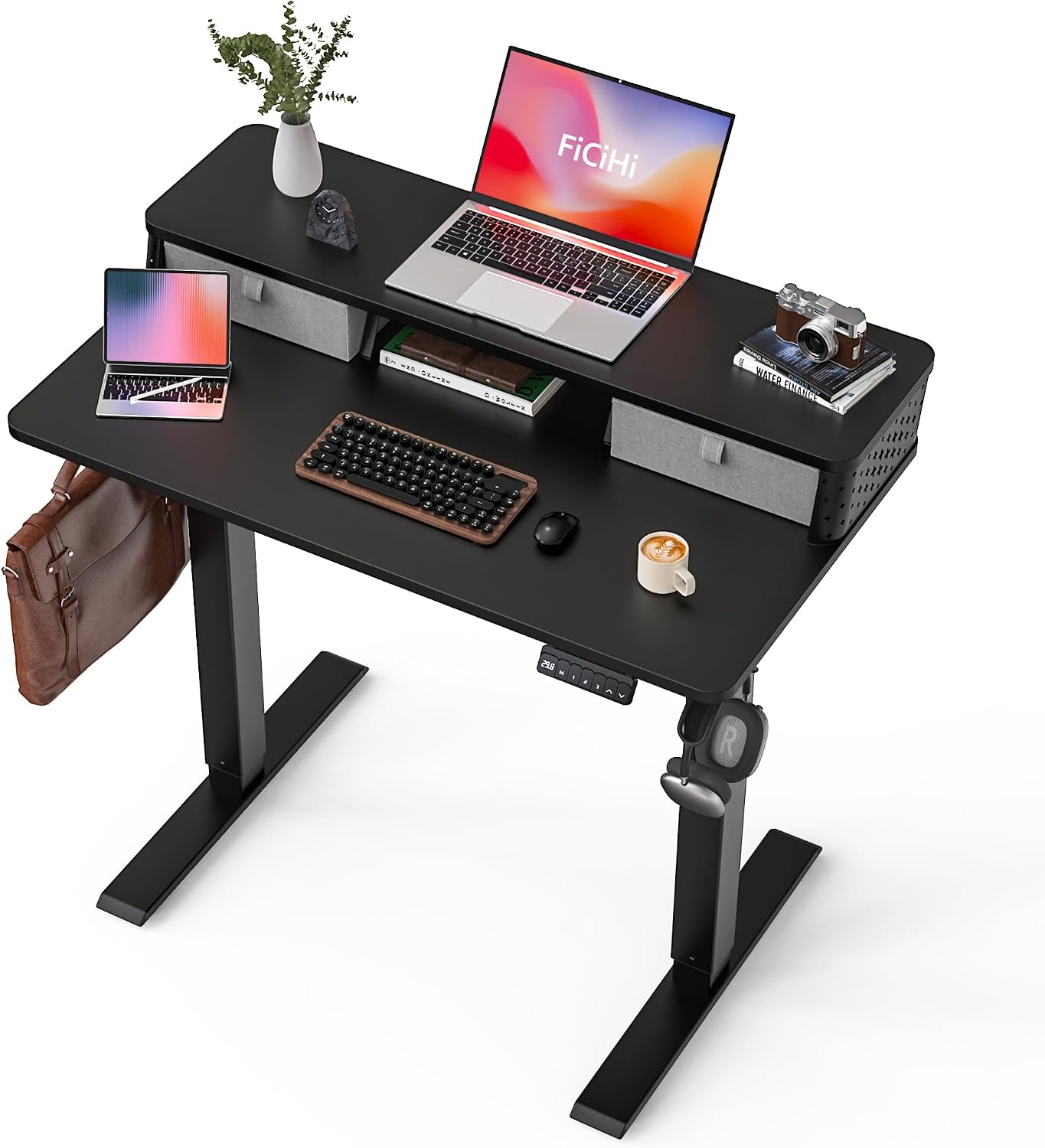 FiCiHi 35x20 Inch Standing Desk with Drawers, C-Clamp Mount Compatible, Electric Adjustable Height Computer Small Stand Up Desks, Home Office Sit Stand Table with 3 Preset Heights, Black