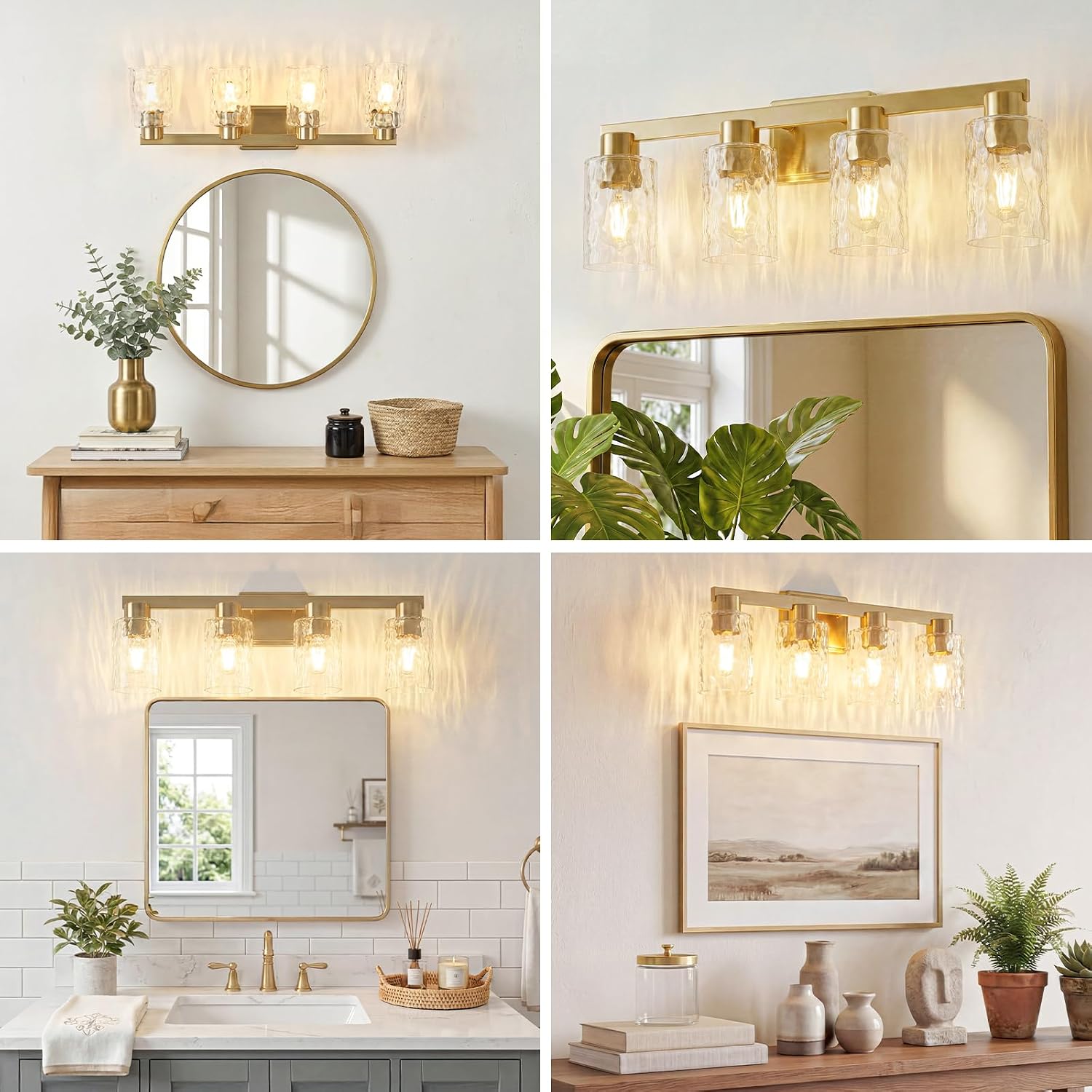 4-Light Bathroom Light Fixtures Modern Gold Vanity Lights with Water Ripple Glass Wall Sconces Over Mirror for Bathroom, Powder Room, Living Room