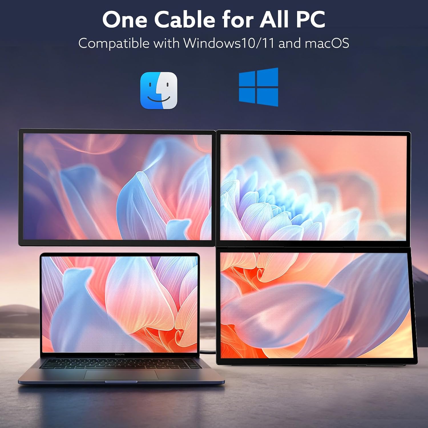 18.5'' Portable Triple Monitor, One Cable Laptop Screen Extender, FHD 1080P Quad Monitor, Built-in Stand Compatible with Windows Mac, Fits 10'-18' Laptops(Driver Need)