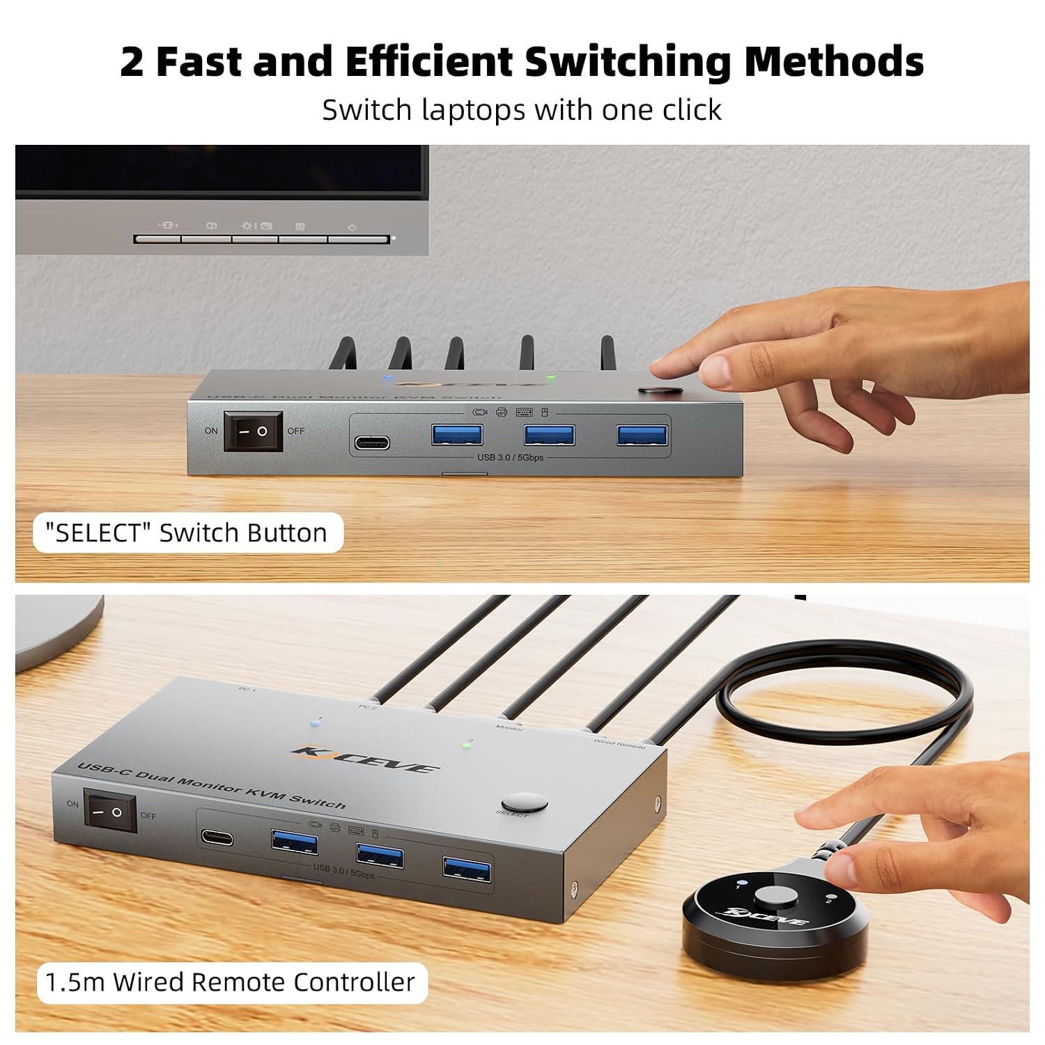 KCEVE KVM Switch 2 Monitors 2 Laptops USB C, KVM Switch Dual Monitor HDMI 4K@60Hz for 2 Laptops Share 4 USB 3.0 Devices with 80W PD, with 2 USB-C Cables and Wired Remote