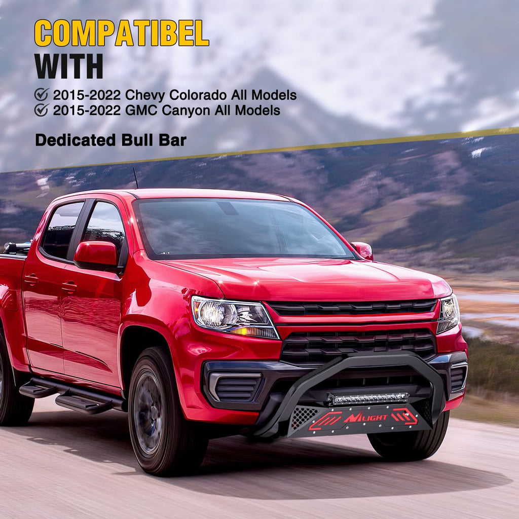 Nilight Bull Bar with Light fits Chevy Colorado (Excl. ZR2) 2015-2022 & GMC Canyon 2015-2022 Front Bumper Grille Brush Push Guard with Skid Plate Licence Plate Hole Black