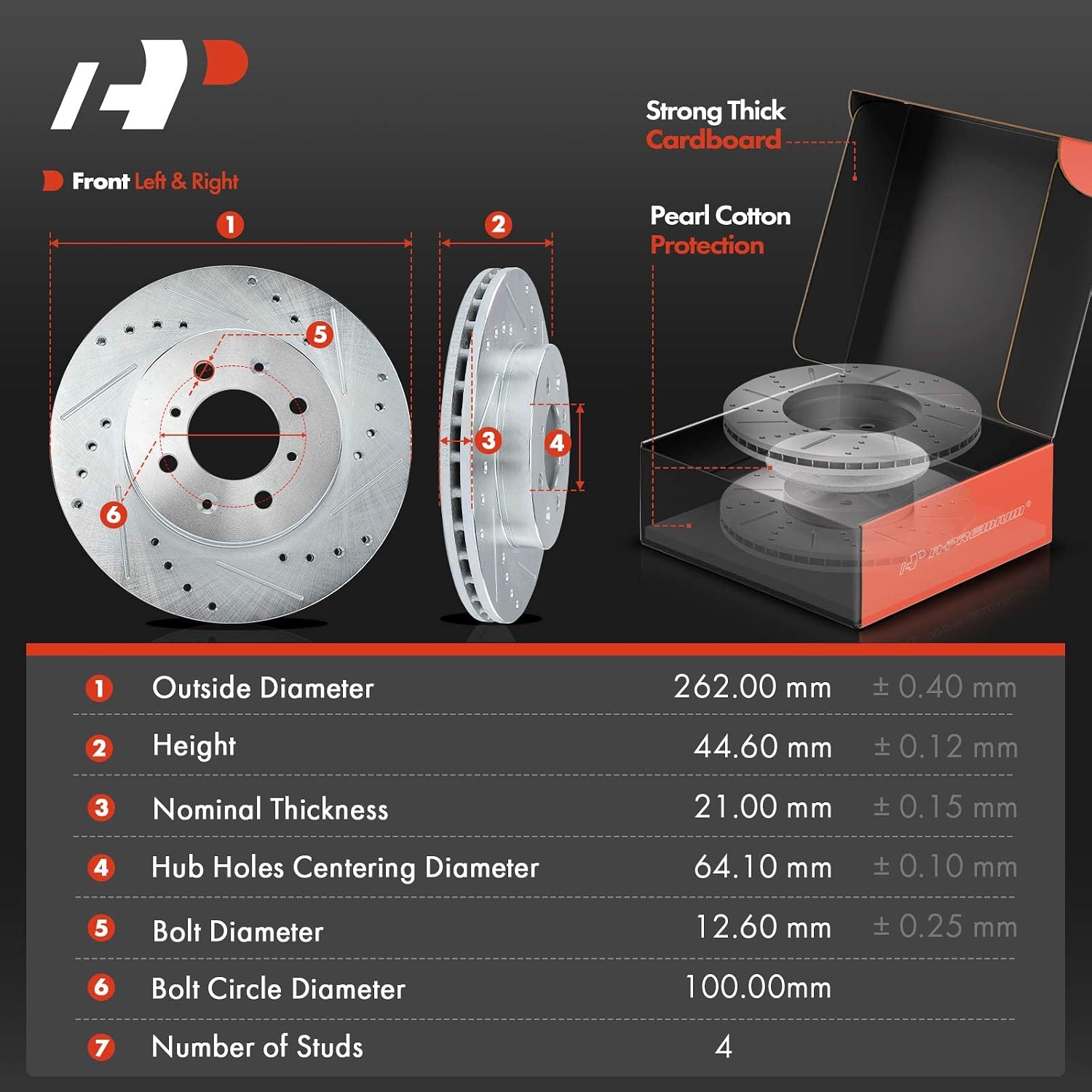 A-Premium 10.32 inch(262 mm) Front Drilled and Slotted Disc Brake Rotors + Ceramic Pads Kit Compatible with Select Honda Models - Civic del Sol 1994 1995 1996 1997 1.6L, Fit 2007 2008 1.5L 6-PC Set