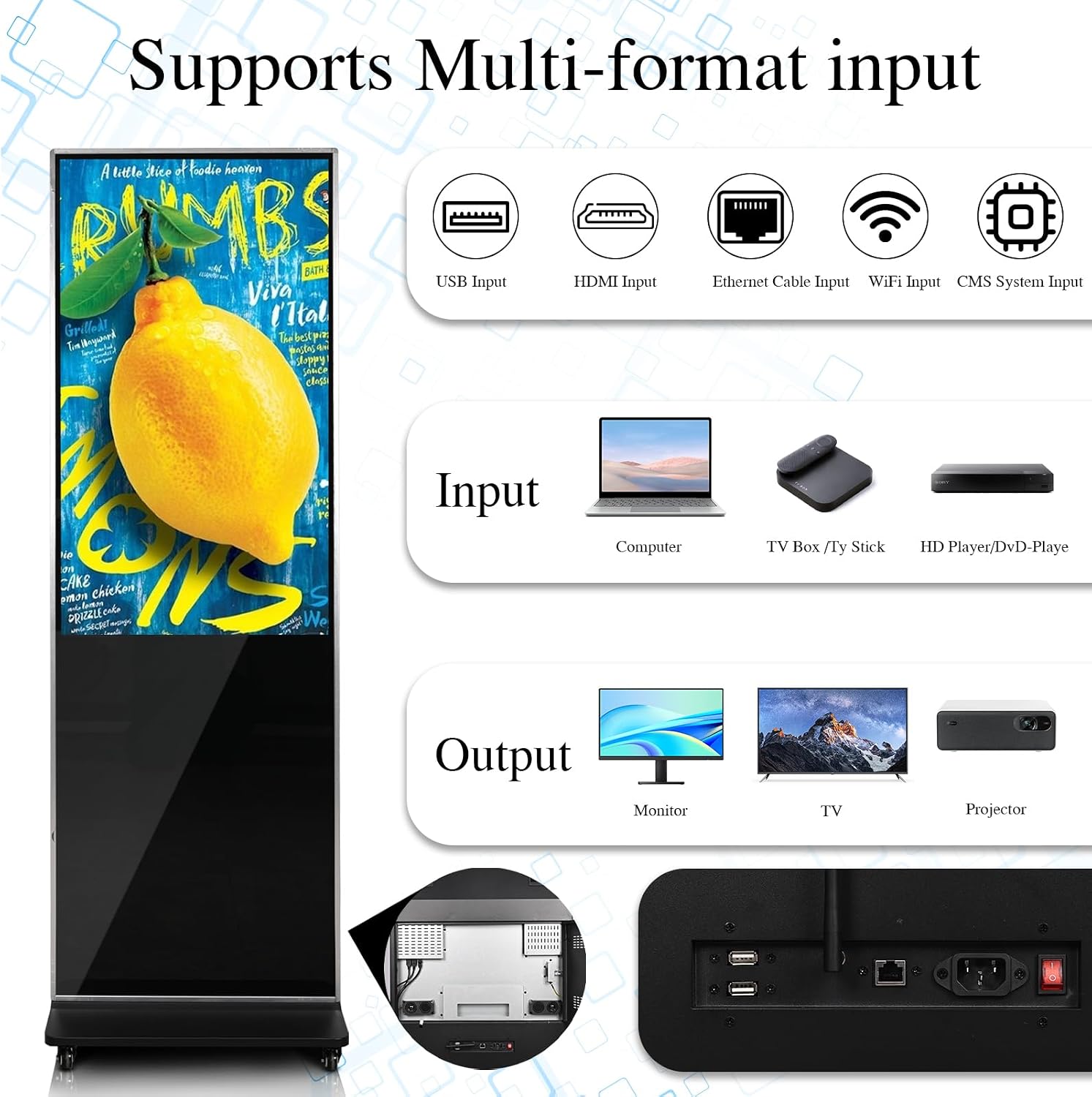 43' 4K LCD Touchscreen Digital Signage Display, Indoor Floor Standing Advertising Kiosk, Commercial Digital Signage Player, HDMI WiFi Bluetooth Input Auto AD Player, 4+32GB Android 14.0 Black