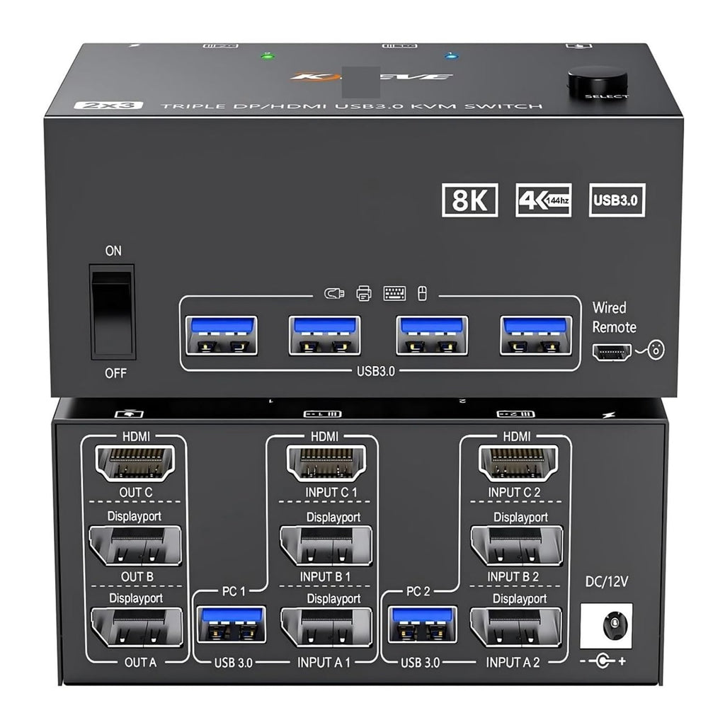 KC*EVE Triple Monitors KVM Switch 2 Displayport HDMI USB 3.0 KVM Switch 8K@60Hz 4K@144Hz 3 Monitors 2 Computers KVM with 4 USB3.0(with EU Plug)