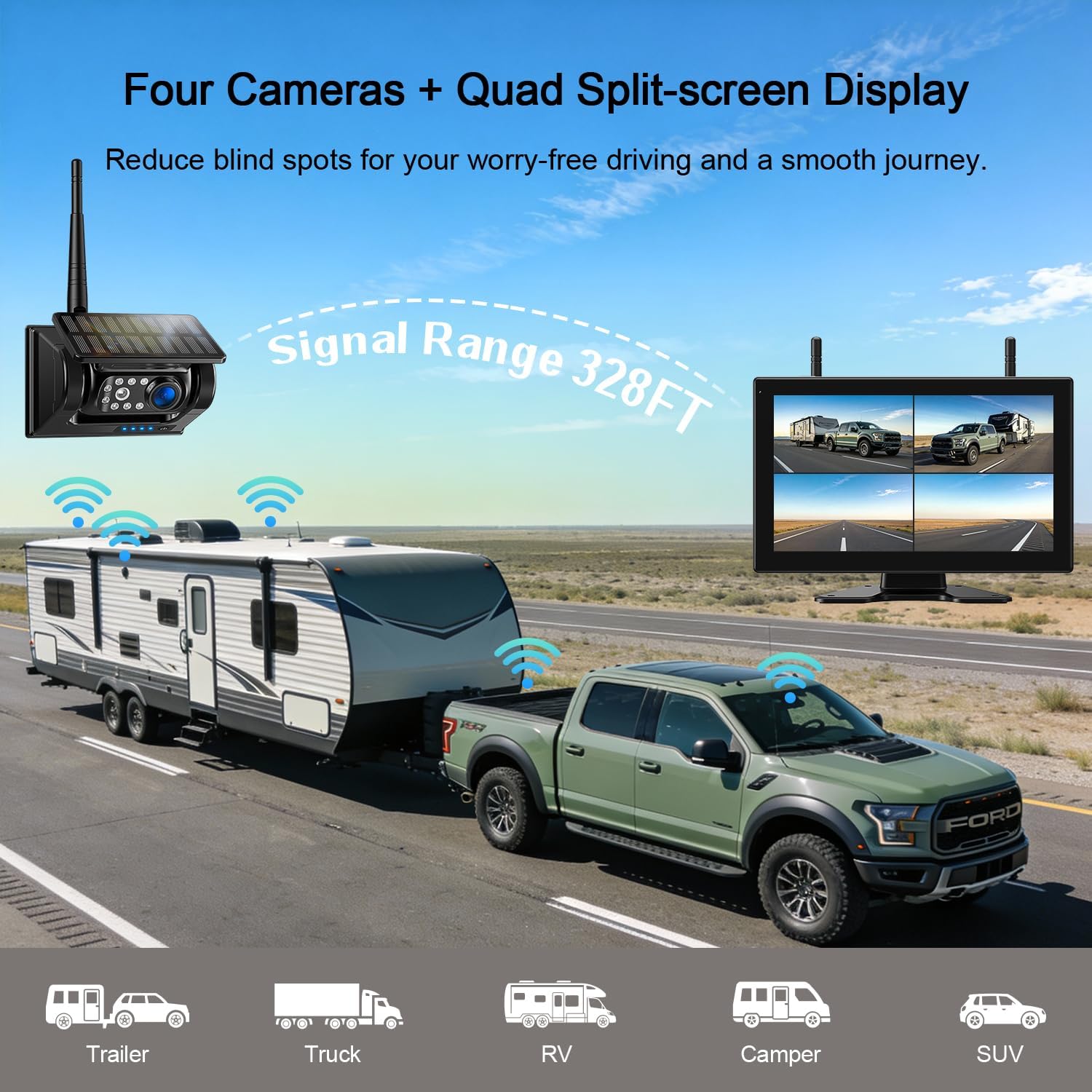 Fookoo 10.1' Solar Magnetic Wireless Backup Camera HD 1080P DVR Touchscreen Monitor Portable 1 Min DIY Install No Drilling Rechargeable Battery Night Vision for RV Camper Trailer - DTC1004