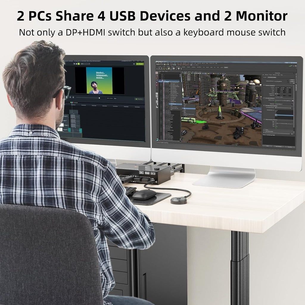 8K KVM Switch 2 PC 2 Monitors, Display Port + HDMI Dual Monitor KVM Switch for 2 PC Share 2 Monitors and 4 USB 3.0 Devices(DH with AU Plug)