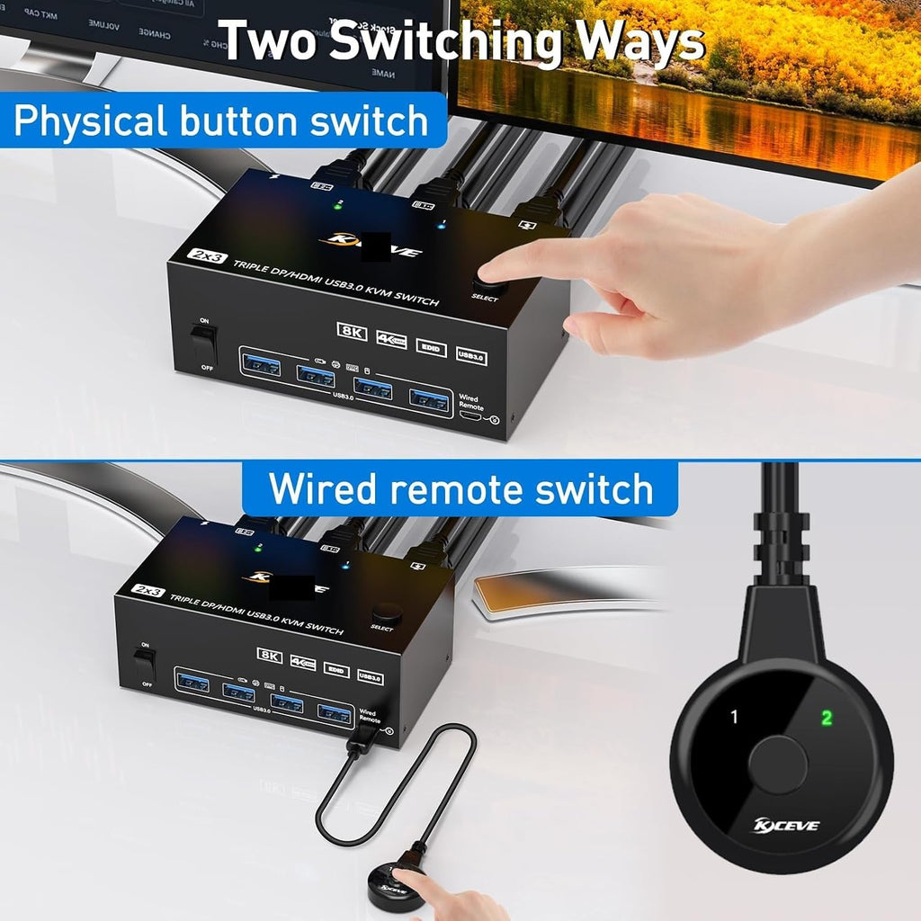 Triple Monitors KVM Switch 2 Displayport + HDMI USB 3.0 KVM Switch 8K@60Hz,4K@120Hz,Apply to 3 Monitors 2 Computers KVM Switch(203DH AU PLIG)