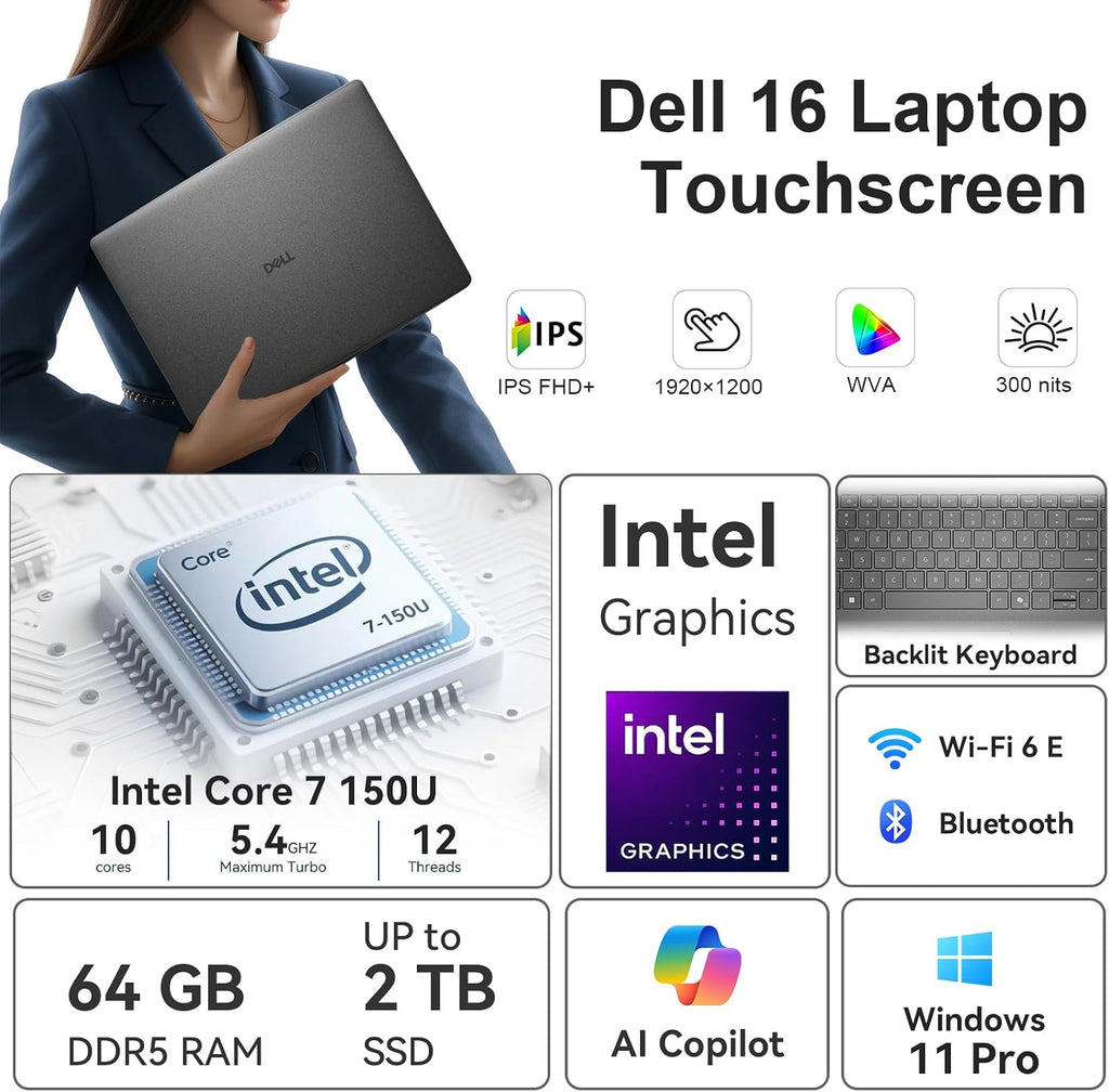 Dell 16 DC16250 Touchscreen Business Laptop, Intel Core 7-150U (10-Core, Up to 5.4GHz), 16 Inch FHD+ IPS, Windows 11 Pro, AI Copilot, Backlit Keyboard (16GB DDR5 RAM | 1TB)