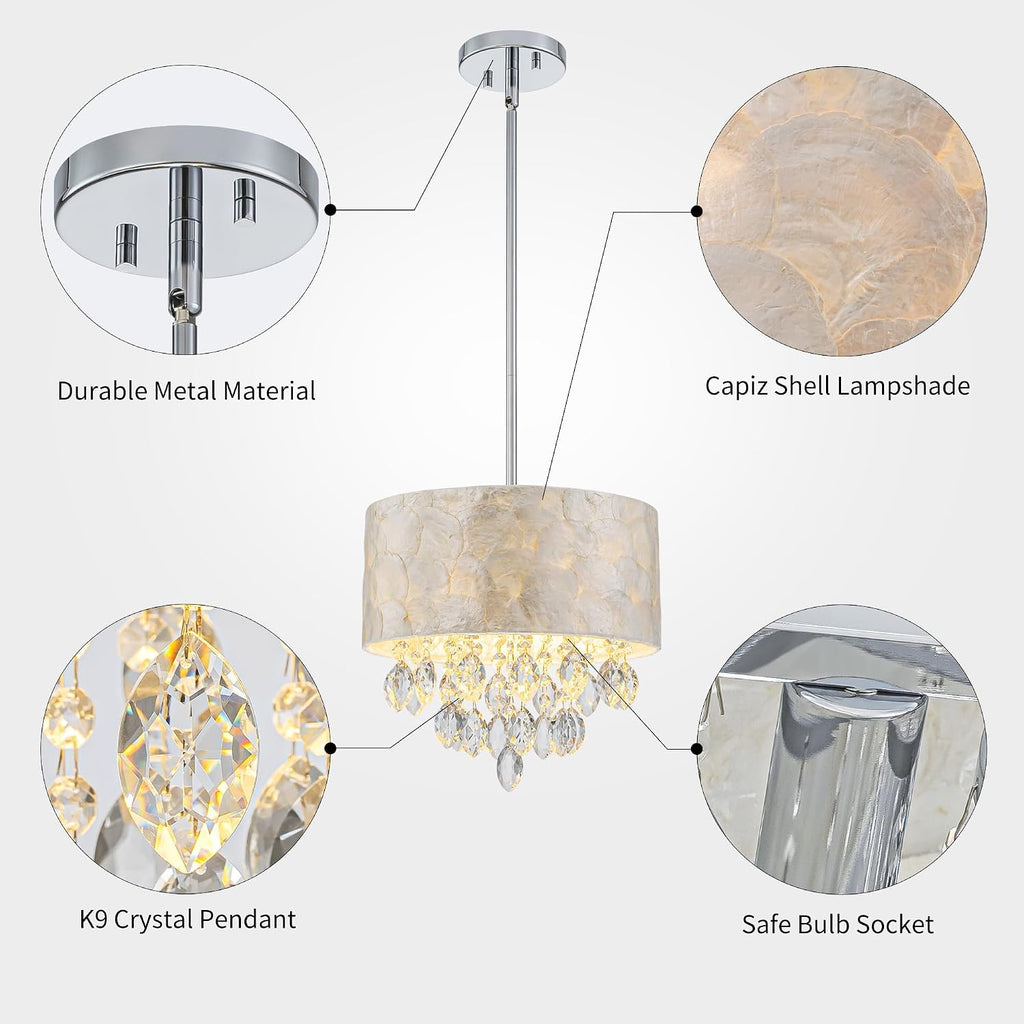 3-Light Drum Capiz Shell K9 Crystal Chandelier, Coastal Style Pendant Light Fixture for Dining Room, Living Room, D12 * H19~49 inch (Adjustable), Clear Crystal & Chrome Finish Frame