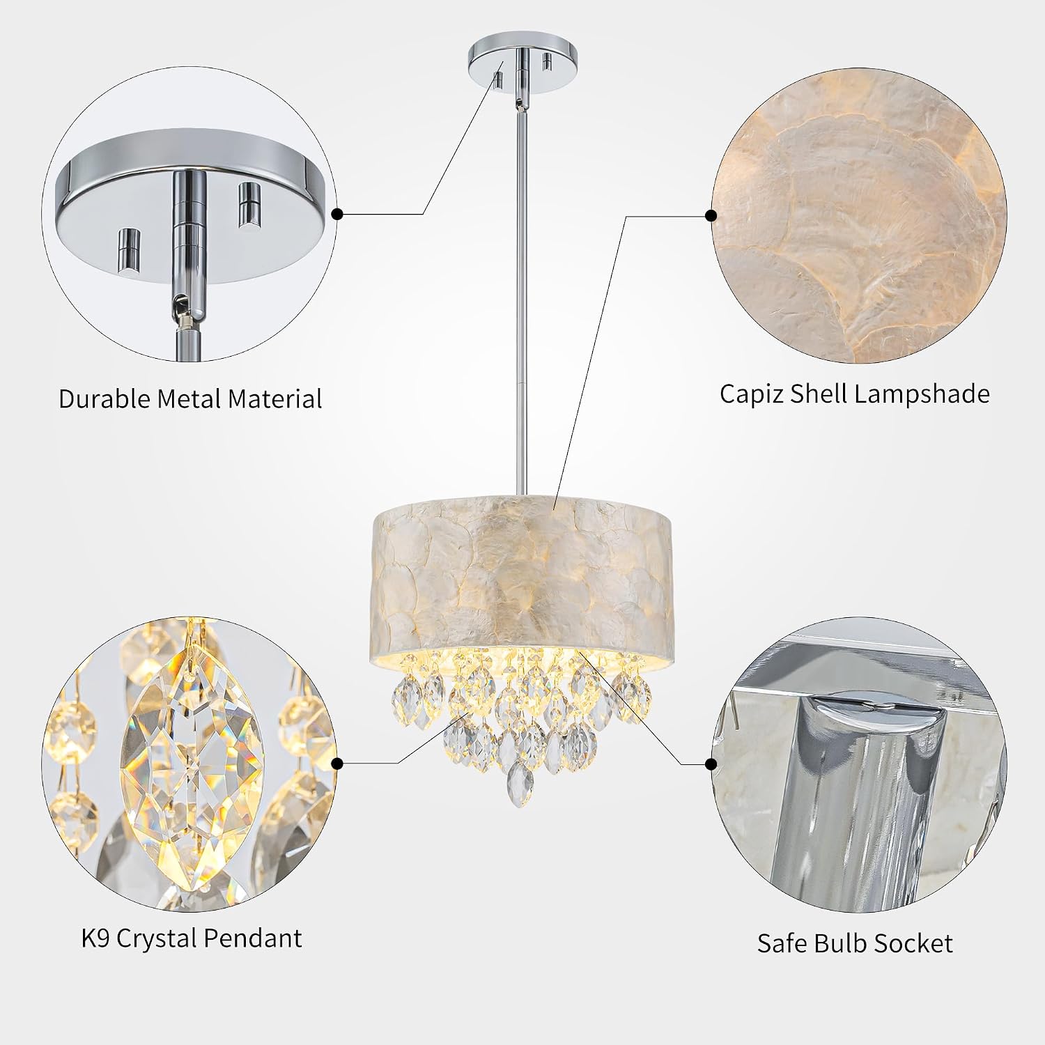3-Light Drum Capiz Shell K9 Crystal Chandelier, Coastal Style Pendant Light Fixture for Dining Room, Living Room, D12 * H19~49 inch (Adjustable), Clear Crystal & Chrome Finish Frame