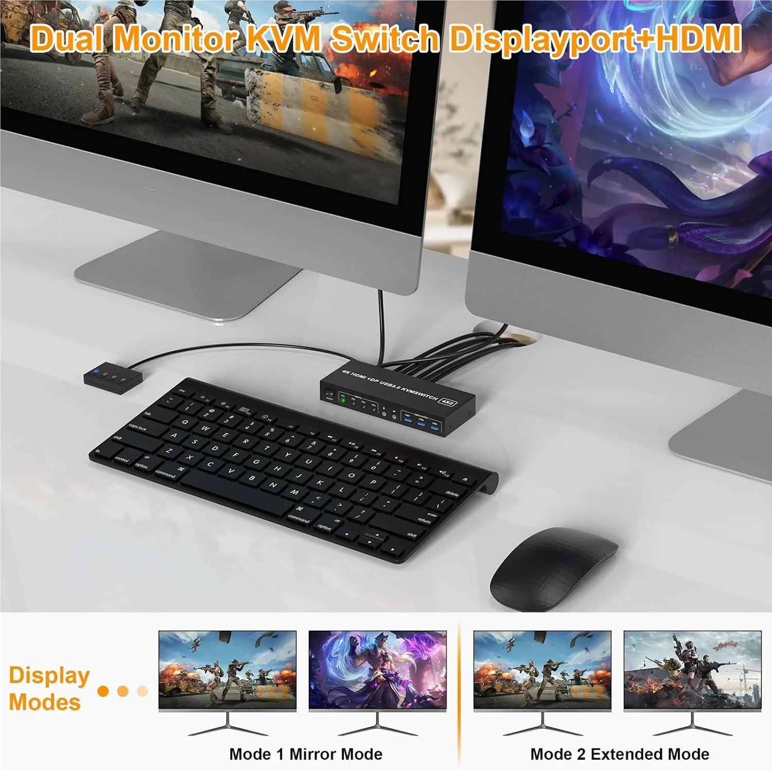 USB 3.0 KVM Switch Displayport+HDMI 2 Monitors 4 Computers,Dual Monitor KVM Switch with Audio Microphone Output 3 USB 3.0 Ports(EU Power Adapter)
