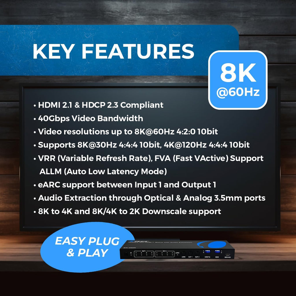 OREI 8K 4x2 HDMI Matrix Switch – 40Gbps HDMI 2.1, Audio Extraction, eARC, Downscaling, EDID Management (BK-402A)
