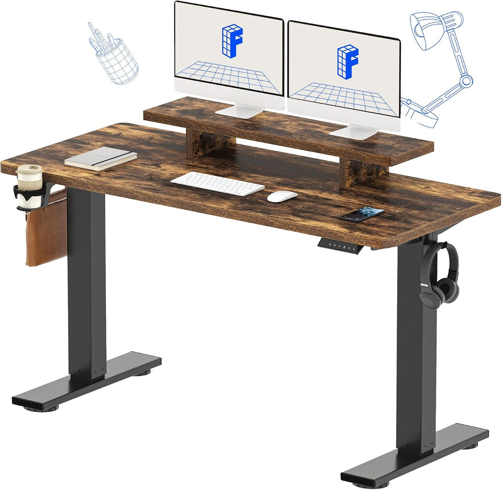 FLEXISPOT Standing Desk with Monitor Stand, 55 x 24 Inches One-Piece Electric Height Adjustable Computer Desk with Cup Holder for Home Office, Rustic