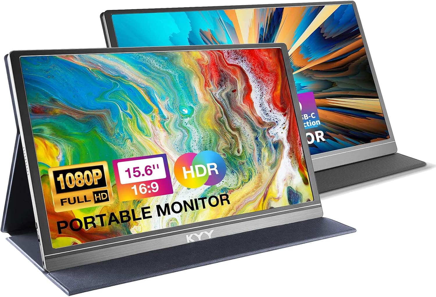 KYY 15.6'' Portable Monitor Bundle [K3 Grey & K3-1 Grey] 1080P FHD USB-C Laptop Monitor HDMI Computer Display HDR IPS Gaming Monitor w/Smart Cover & Dual Speakers, for Laptop PC Phone PS4 Xbox Switch