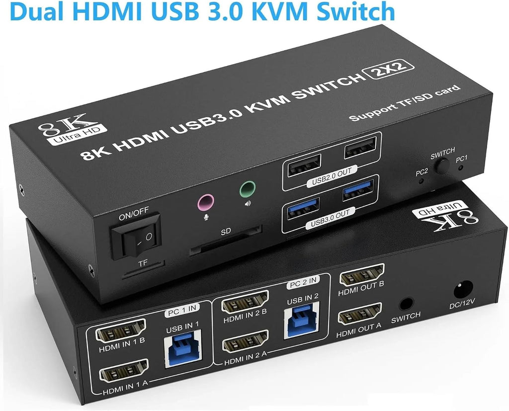 4K Dual Monitor DP2.0 KVM Switch 8K USB 3.0 HDMI Displayport KVM Switch 2 in 2 Out Mixed Display 2 Monitor 2 Computer(1HDMI 1DP,EU Power Adapter)