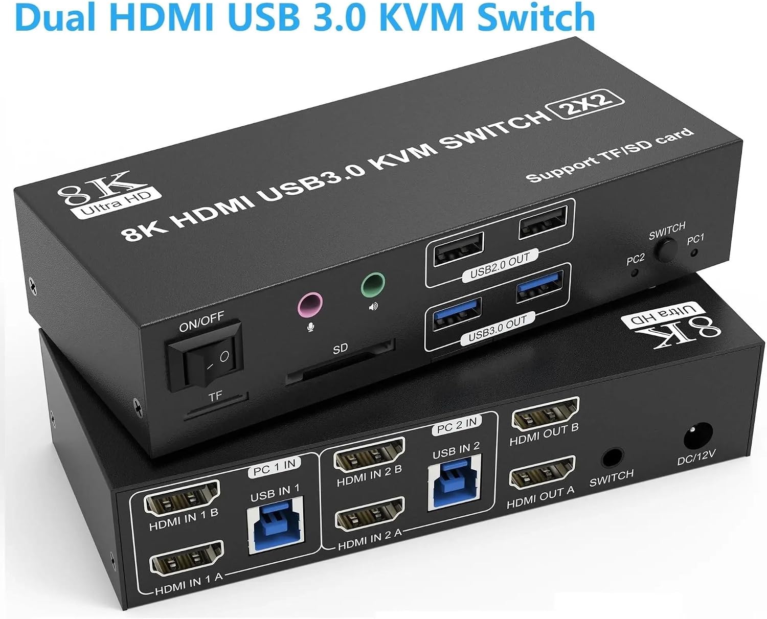 4K Dual Monitor DP2.0 KVM Switch 8K USB 3.0 HDMI Displayport KVM Switch 2 in 2 Out Mixed Display 2 Monitor 2 Computer(1HDMI 1DP,EU Power Adapter)