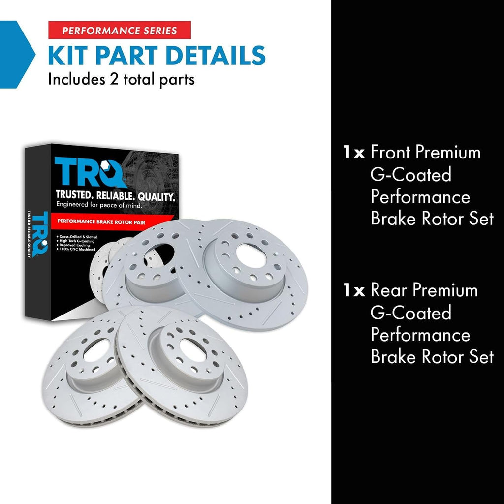 TRQ Performance Front and Rear Brake Rotor Set G Coated Drilled and Slotted Compatible with 2006-2009 Audi A3 2015 Audi Q3 2005-2017 Volkswagen Jetta GTI Passat CC Tiguan Eos 2018 Tiguan Limited