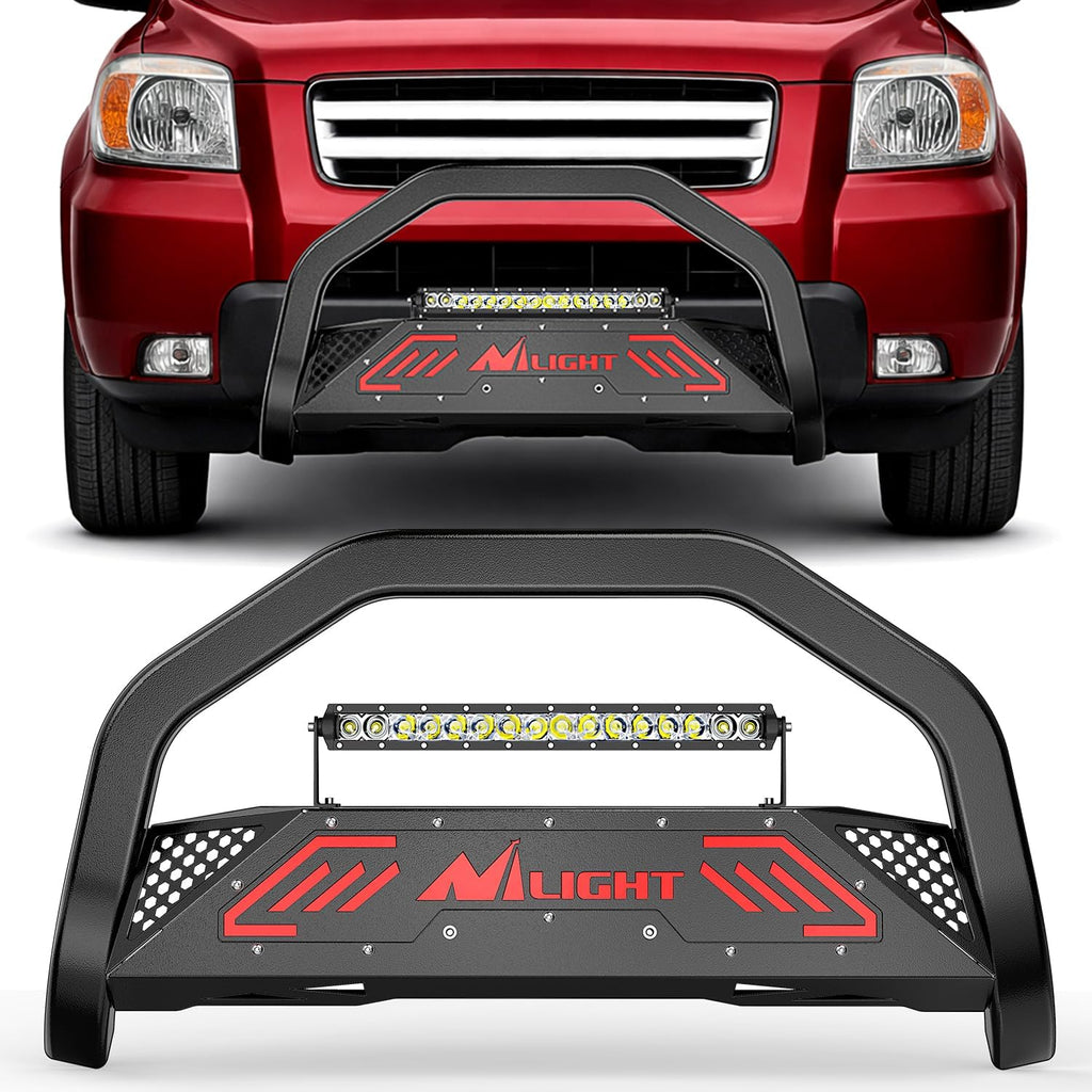 Nilight Bull Bar with Light fits 2003-2008 Honda Pilot, 2006-2015 Honda Ridgeline, 2001-2006 Acura MDX Front Bumper Grille Brush Push Guard with Skid Plate Licence Plate Hole Black