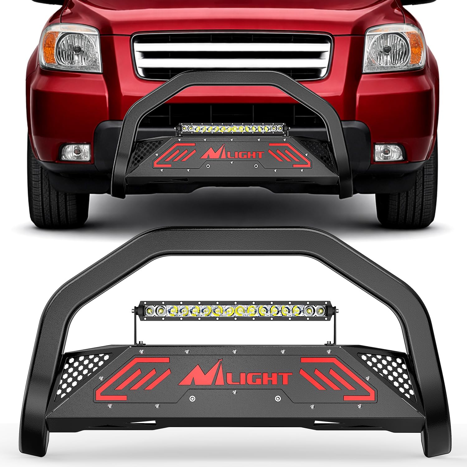 Nilight Bull Bar with Light fits 2003-2008 Honda Pilot, 2006-2015 Honda Ridgeline, 2001-2006 Acura MDX Front Bumper Grille Brush Push Guard with Skid Plate Licence Plate Hole Black
