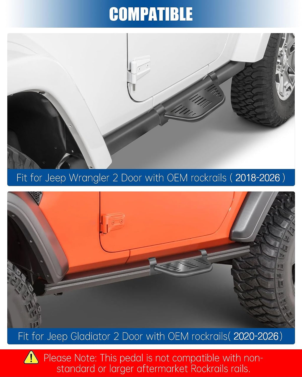 2 Pcs Rock Rails Side Steps Running Boards Fit for 2018-2026 Jeep Wrangler 2 Door & 2020-2026 Gladiator 2 Door with OEM Rock Rails