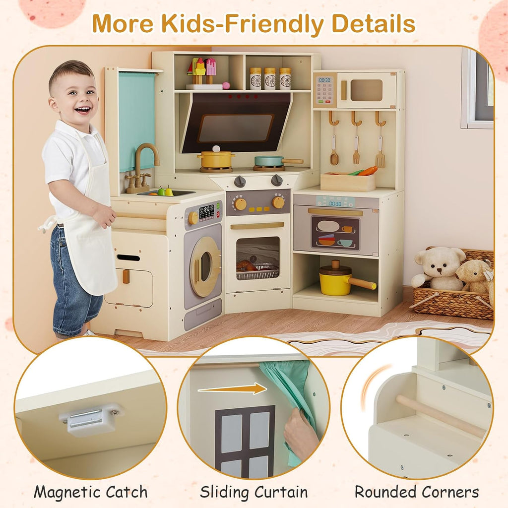 GLACER Corner Wooden Play Kitchen with Real Lights & Sounds, Pretend Kids Kitchen Playset with Trash Bin, Accessories, Dishwasher, Microwave Oven, Cooking Play Set for Toddlers Ages 3+ (Off White)