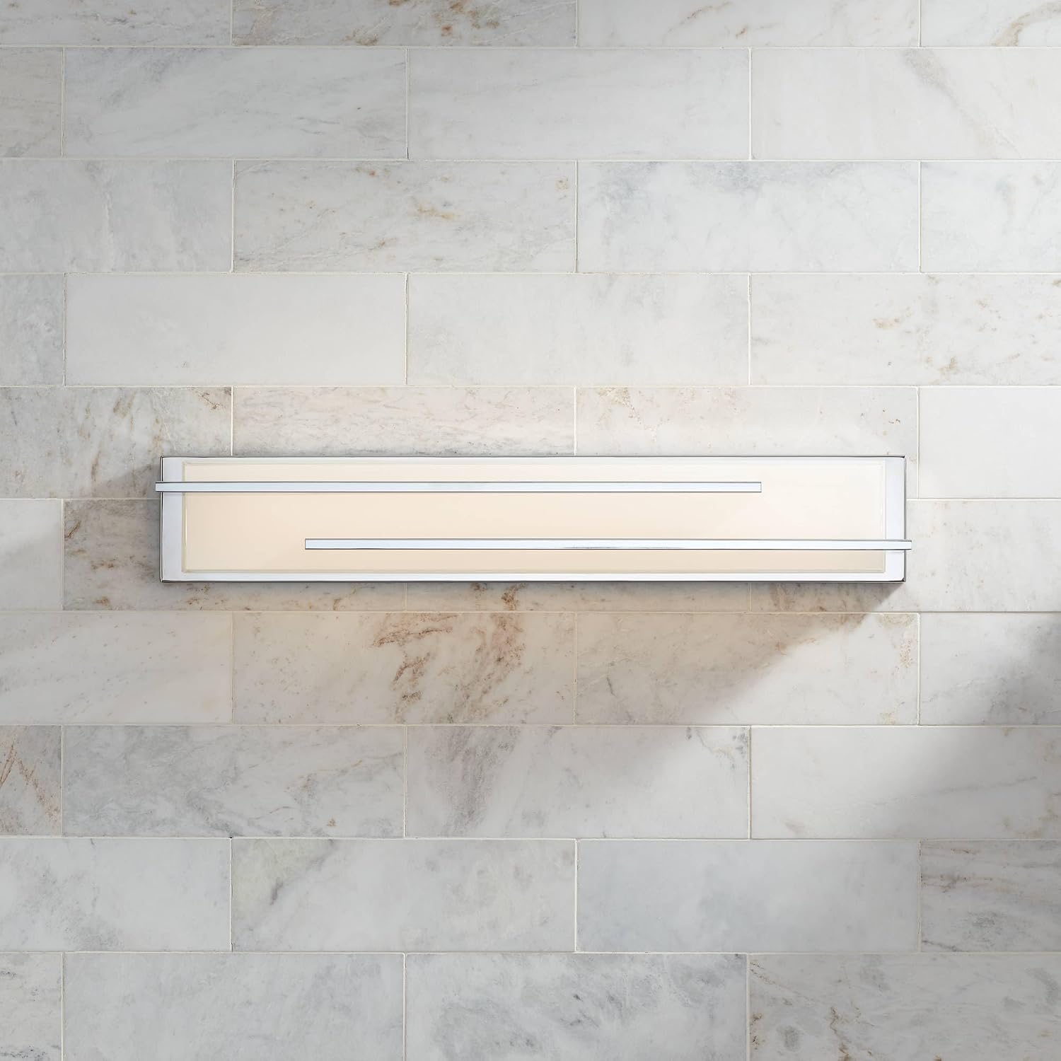 Possini Euro Design Jada Modern Wall Mount Light LED Chrome Silver Hardwired 26 1/4' Wide Light Bar Fixture Rectangular White Glass Shade for Bathroom Vanity Mirror House Home Room Decor