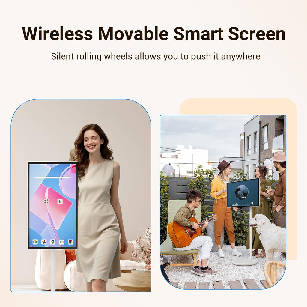 27' Rolling TV, EDLA-Certified Portable TV, Android 13, 8 GB +128 GB, Built-in 20,000 mAh Battery, 14H Playtime, Wireless Casting,10-Point Touch Screen Monitor for Home, Office, Gym
