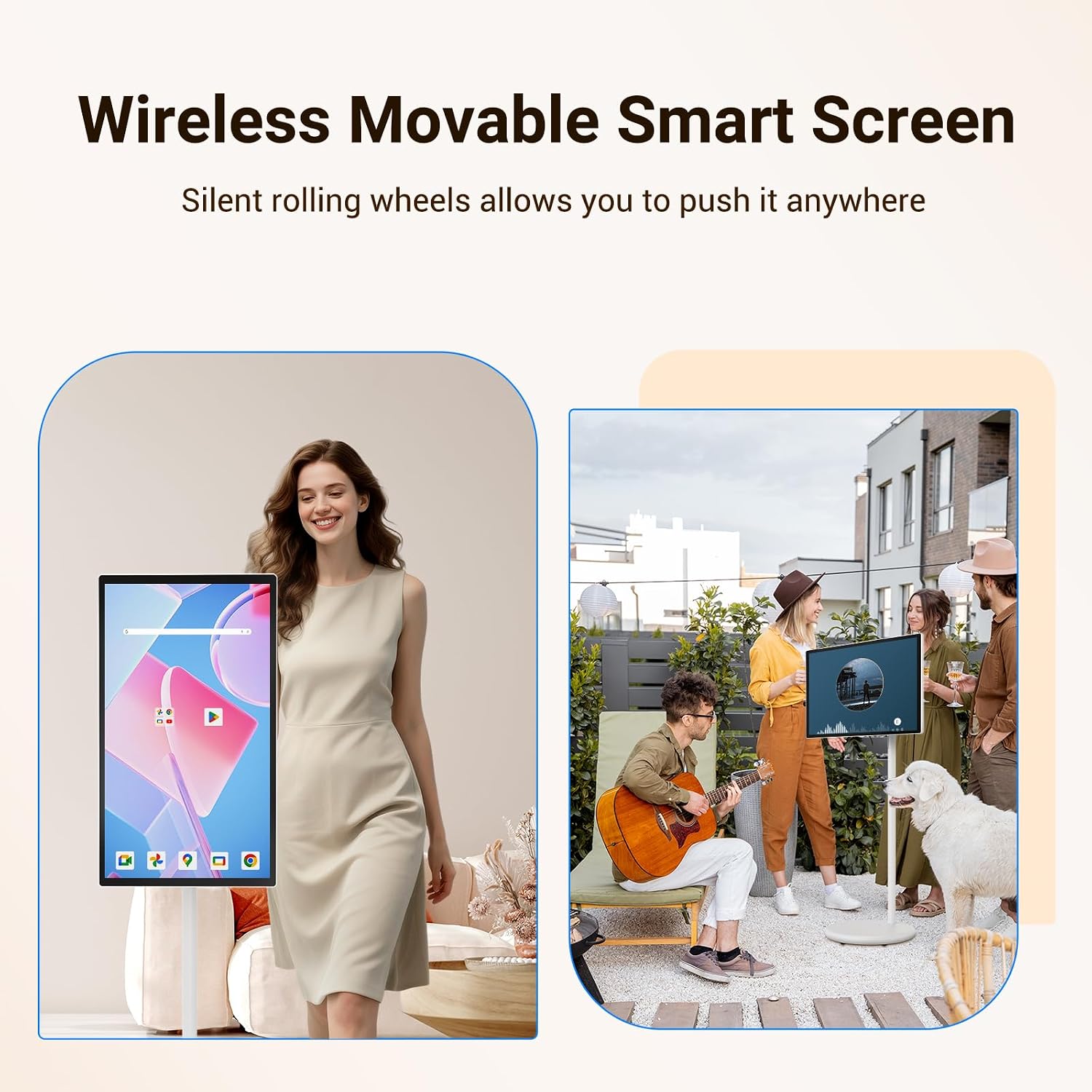27' Rolling TV, EDLA-Certified Portable TV, Android 13, 8 GB +128 GB, Built-in 20,000 mAh Battery, 14H Playtime, Wireless Casting,10-Point Touch Screen Monitor for Home, Office, Gym