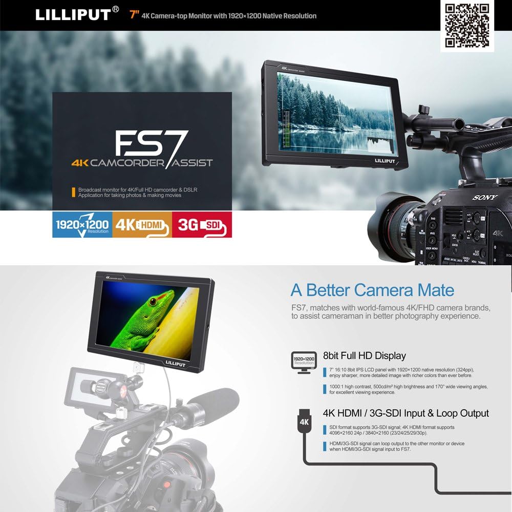 LILLIPUT FS7 7' Full HD Camera Monitor with 3G-SDI and 4K HDMI Metal Housing High Resolution F970 Plate for Camcorder DSLR