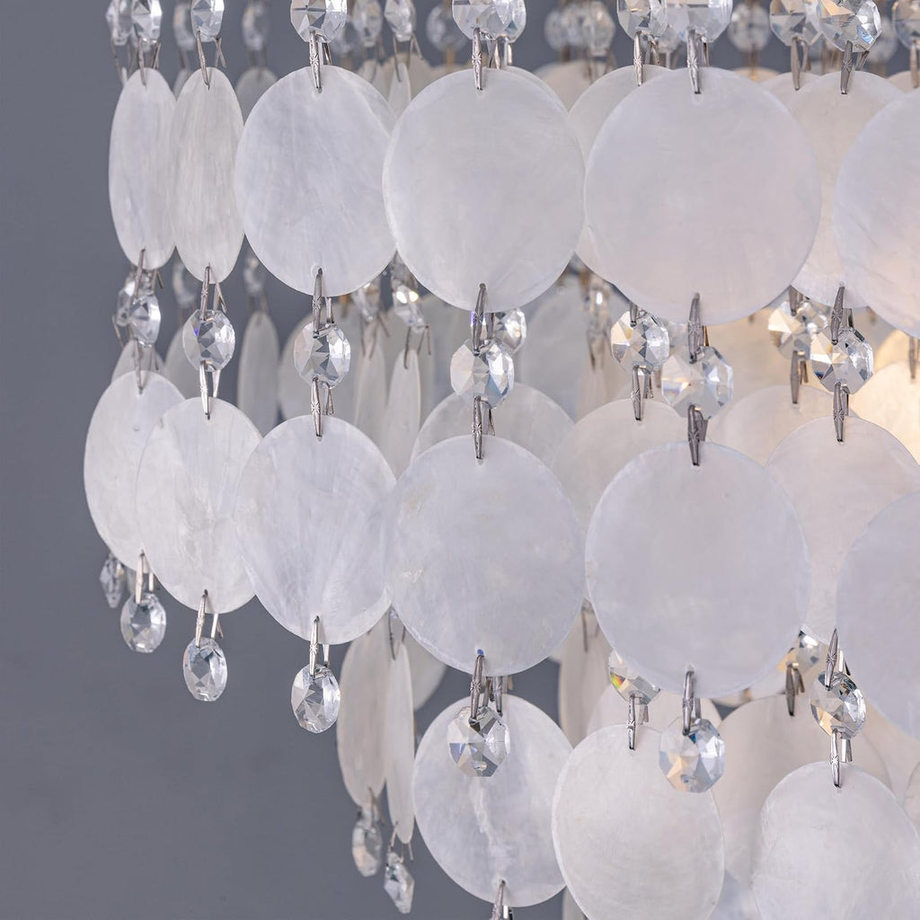 TOCHIC Modern Capiz Shell Crystal Chandelier 6-Light Chrome Coastal Chandelier for Living Dining Room Bedroom Nuture Seashell Boho Semi Flush Mount Ceiling Light Fixture for Kitchen Island Foyer