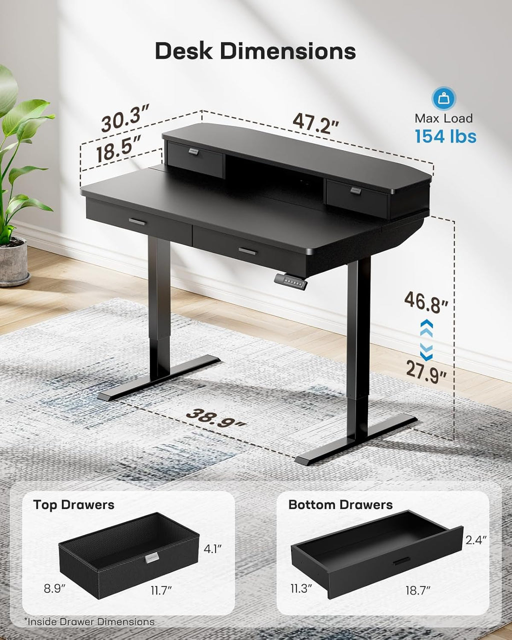 HUANUO 48 x 30 inch Electric Standing Desk with Wood Drawers, Adjustable Height Sit Stand Home Office Desk with Two Tiers, Ergonomic Adjustable Stand up Desk C-Clamp Monitor Mount Compatible, Black