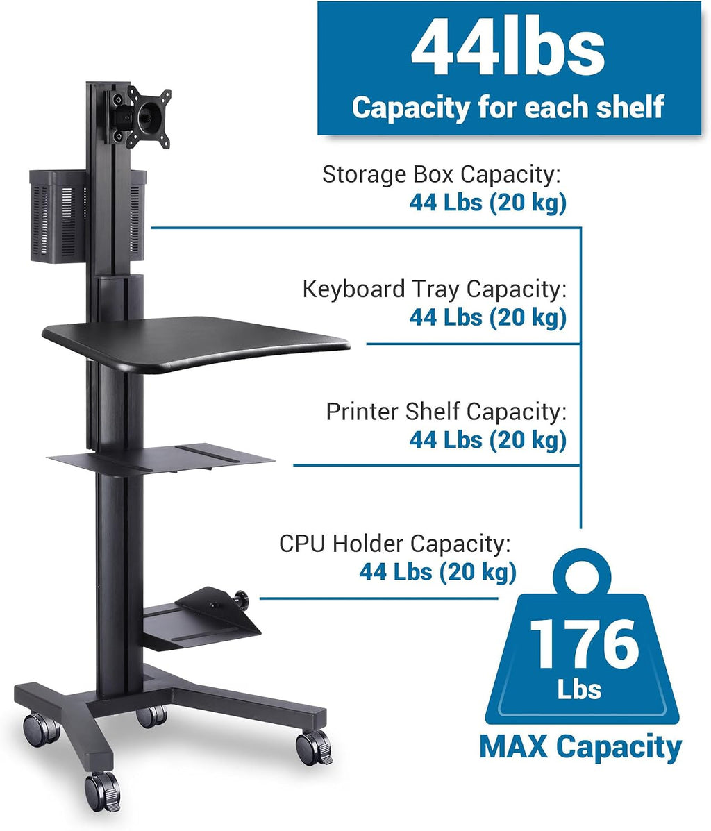 AW Mobile Computer Cart Medical Rolling PC Stand Desk Workstation on Wheels with Monitor Mount Adjustable Keyboard Tray CPU Printer Holder for Hospital School ANSI/BIFMA X5.5-2021 Certificated Black