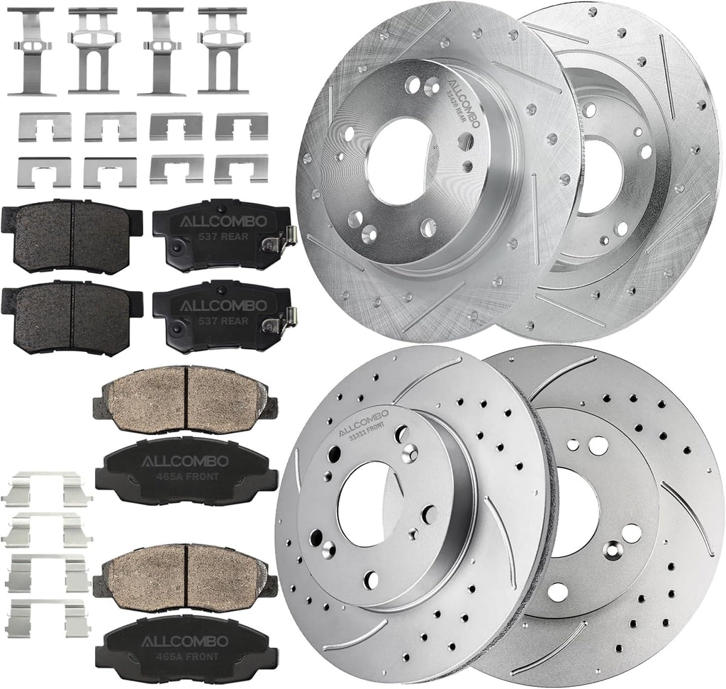 ALLCOMBO 10.3' Front and 10.24' Rear Brake Kit for 2006 2007 2009 2010 2011 Honda Civic, Drilled & Slotted Disc Rotors and Ceramic Pads Brakes Replacement [4-Wheel Disc Brakes]