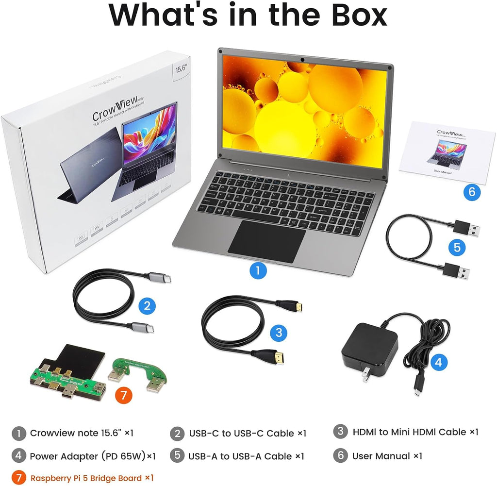 Portable Monitor with Keyboard, 15.6 Inch Lapdock Display with 6000mah Built-in Battery,CrowView Note 1080P FHD USB C Monitors with RPi5 Adapters Compatible with RPi5, PC, Phone, Mac, Game Console